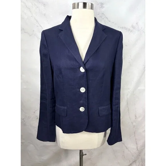 Lauren Ralph Lauren Navy Linen Blazer Jacket Coat Womens 10 P Lined Officecore - Picture 1 of 15